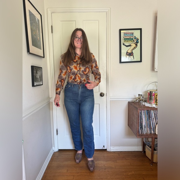 Vintage Tops - 70s Vintage Funky Geometric Mosaic Print Blouse